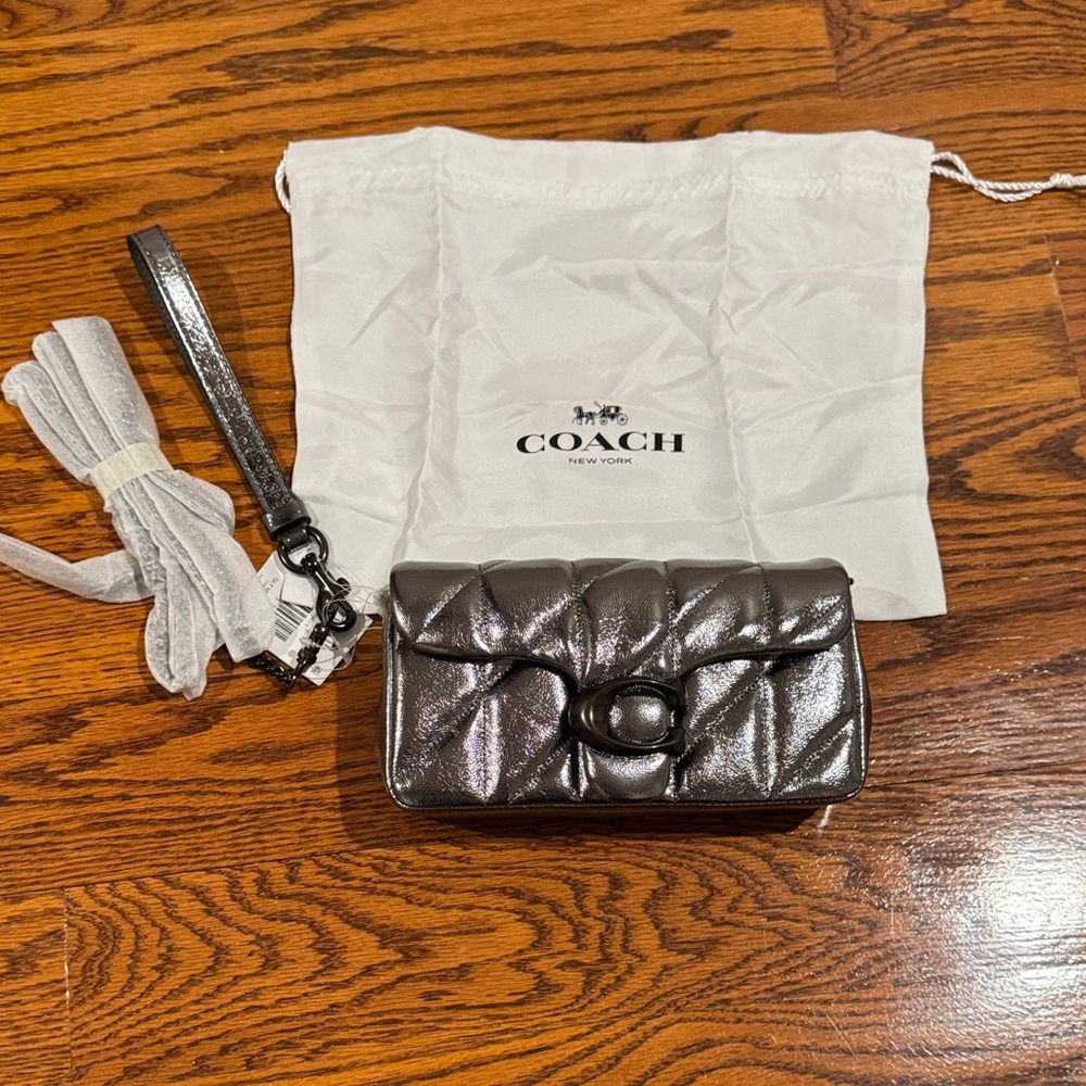 NWT Coach Quilted Metallic Crossbody Wristlet - Gunmetal